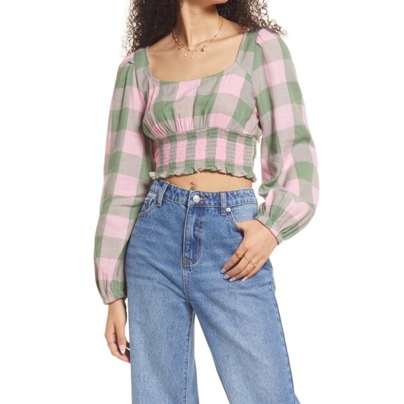 BP Dreamy Buffalo Check Smocked Crop Top M | Cottagecore, Festival - Picture 2 of 5